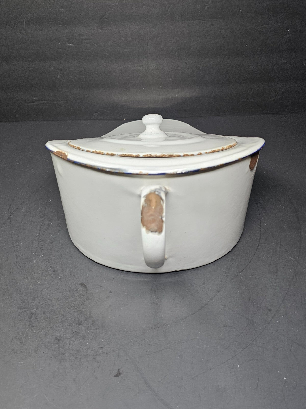Vintage Hospital Enamelware Bed Pan With Lid & Handle