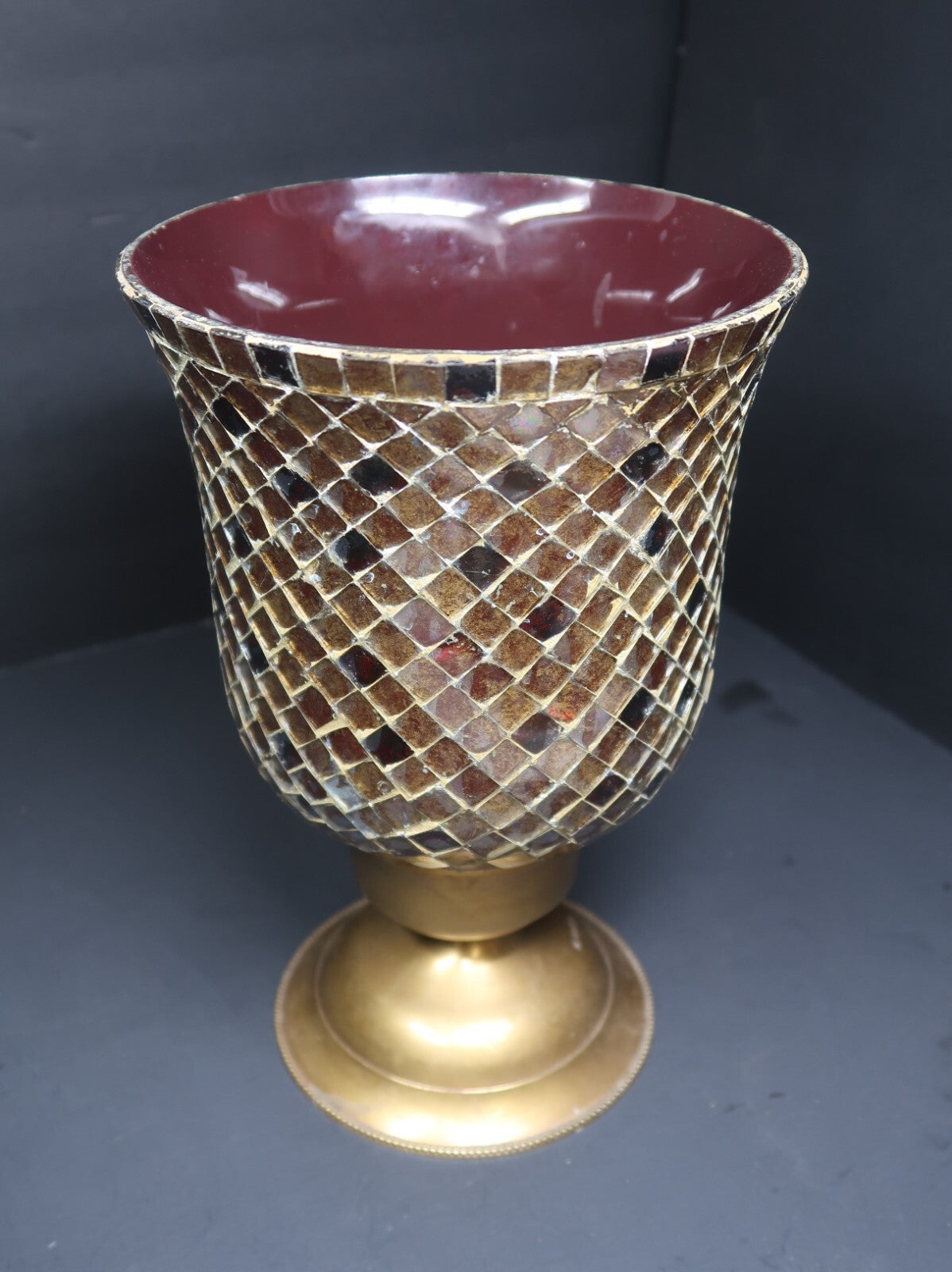 Mosaic Hurricane Candle Holder Stained Glass Brass Base 11”