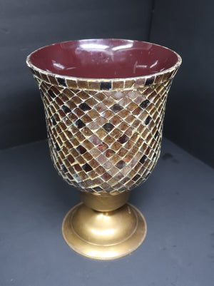 Mosaic Hurricane Candle Holder Stained Glass Brass Base 11”