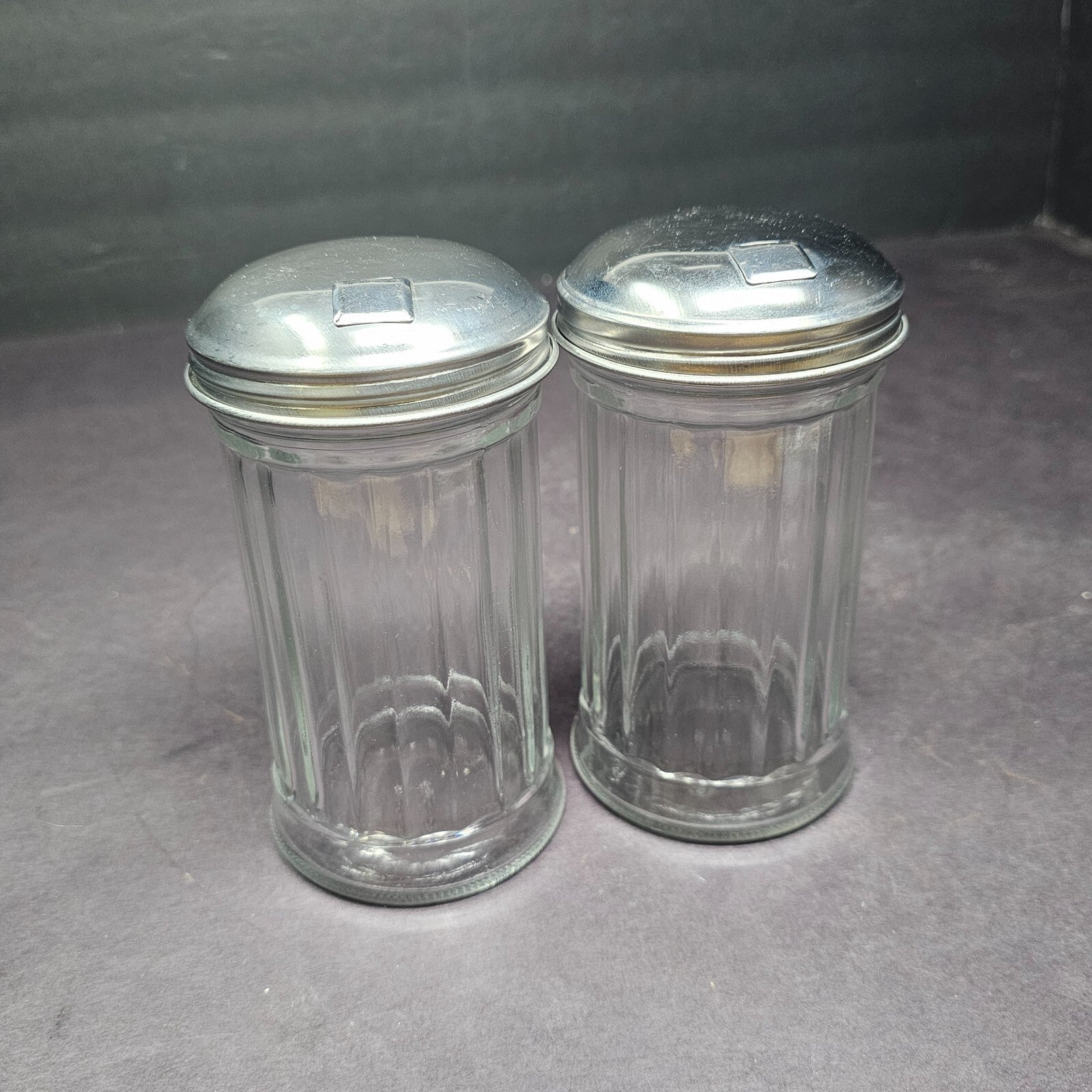 Set of 2 Side Flap Top Sugar Dispenser Glass Jar Vintage 3" D x 5.5" H