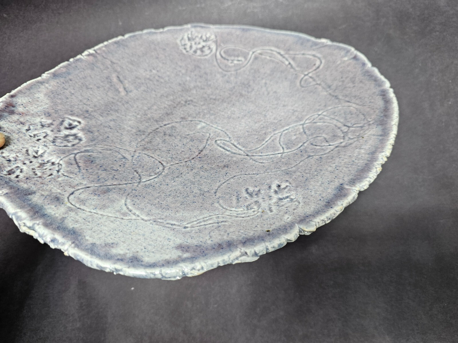 Vintage Studio Art Pottery Japanese Style Gray Plate Floral Design 12.5" x 13.5"