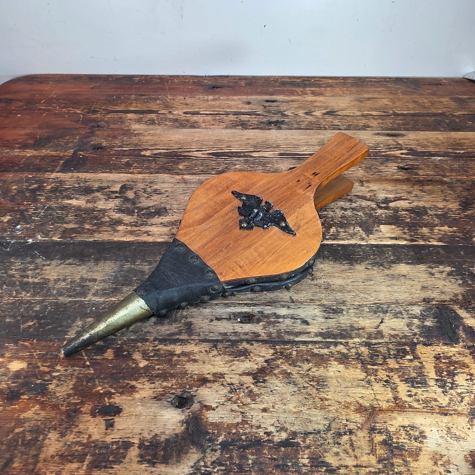 Vintage Fireplace Bellows – Wood, Leather & Brass with Eagle Motif