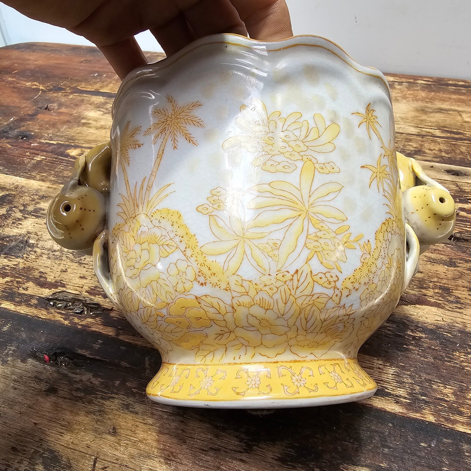 Yellow Decorated Porcelain Vase with Fruit Handles in Qianlong Style 6"H