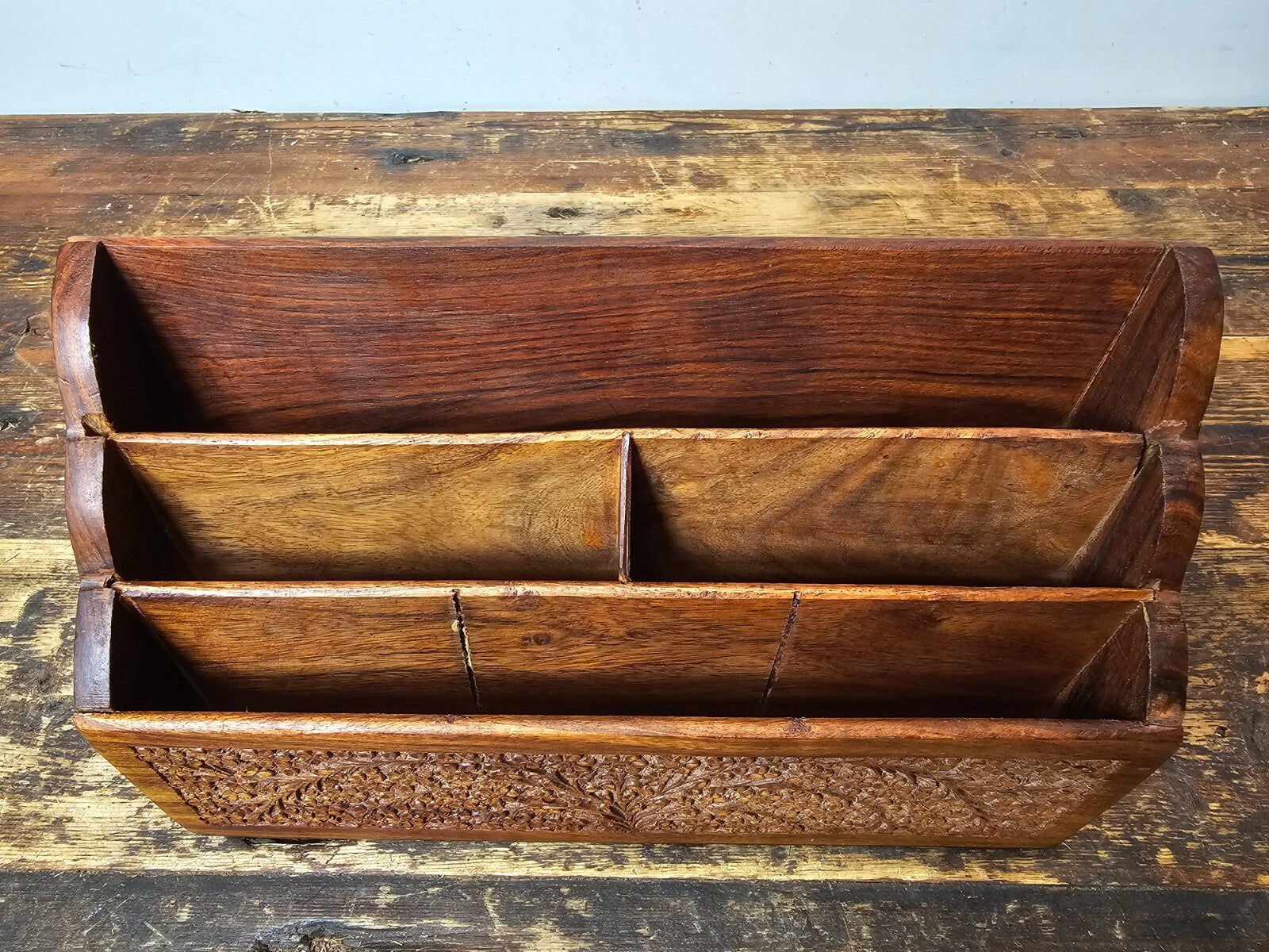 Vintage Indian Floral Wood Carved Desk Letter Stationery Rack