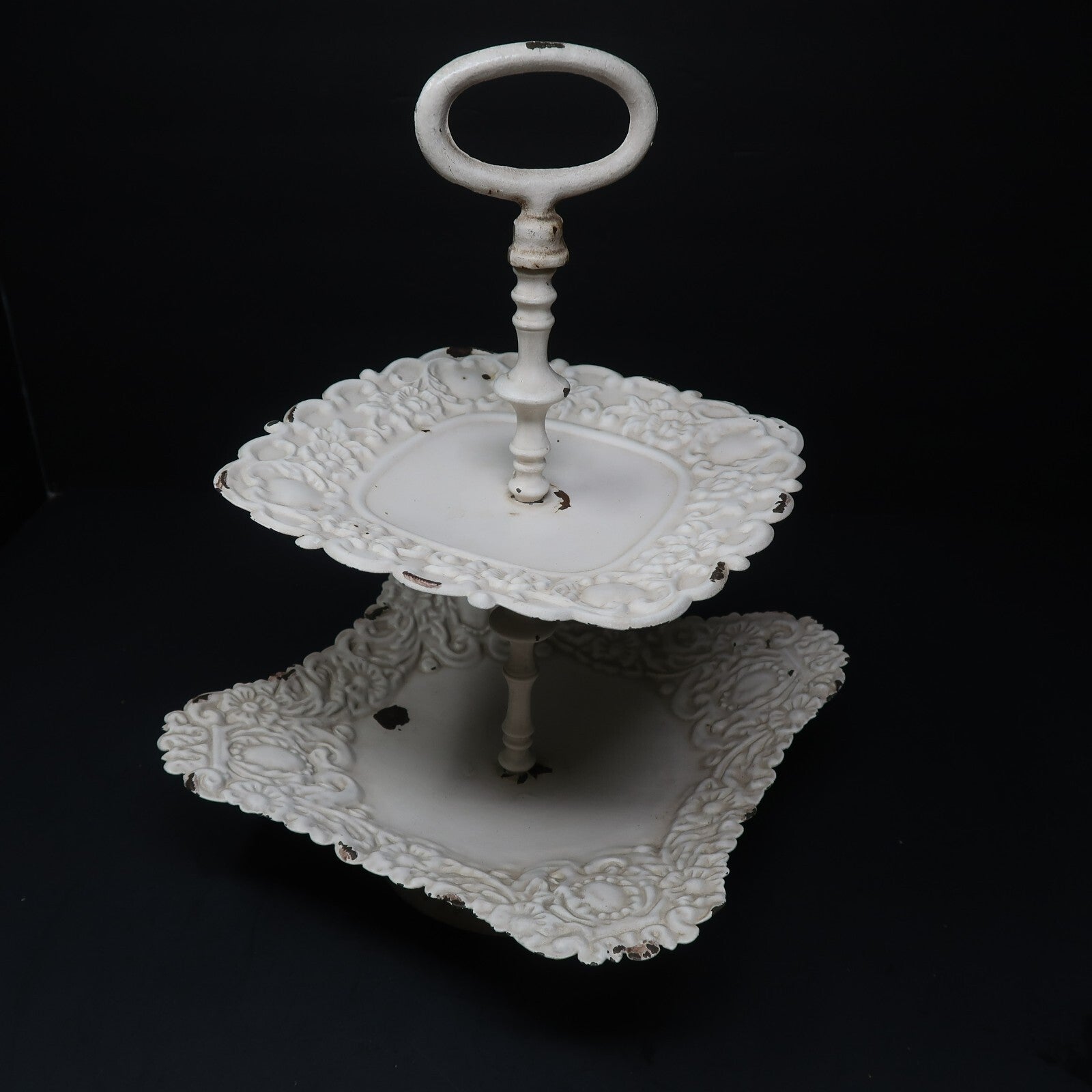 Two Tier Rustic Metal Serving Tray Farmhouse Floral Shabby Chic H 11.5"