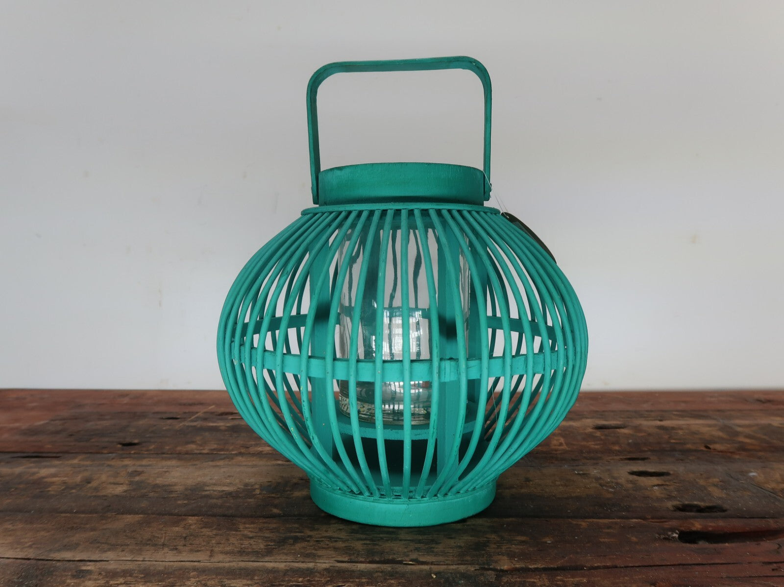 Green Bamboo Candle Lantern With Handle 10" x 10" x H 8.5"