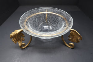 Crackle Glass Bowl on Metal Gold Autumn Leaf  Stand