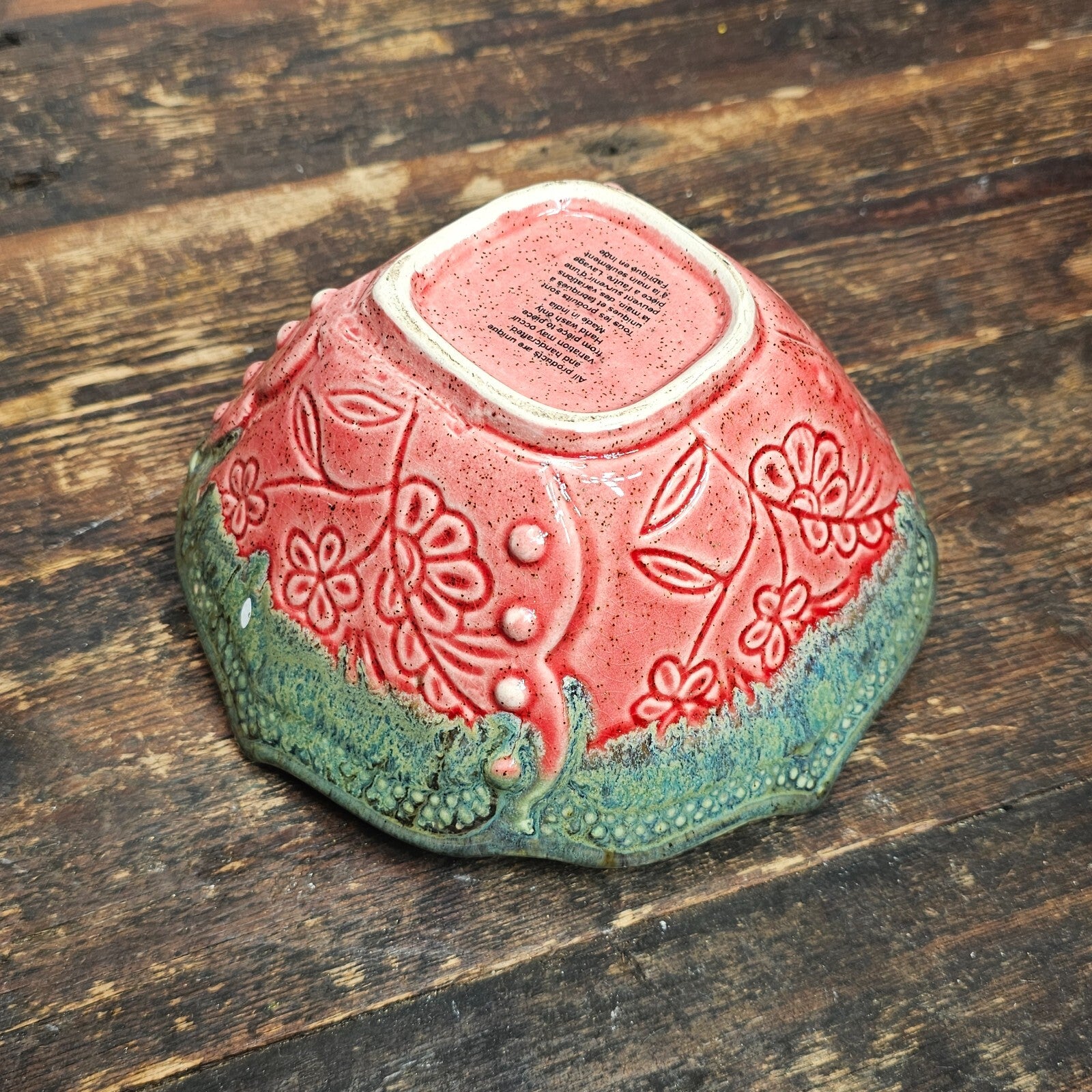 Hand Crafted Pottery Nut Bowl Dish Floral Design 7.5" L x 7.5" W x 3.75" H