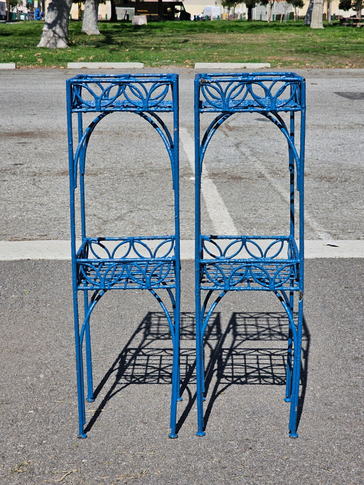 Mid-Century Blue Metal 2-Tier Plant Stand 8" x 8" x 28"H