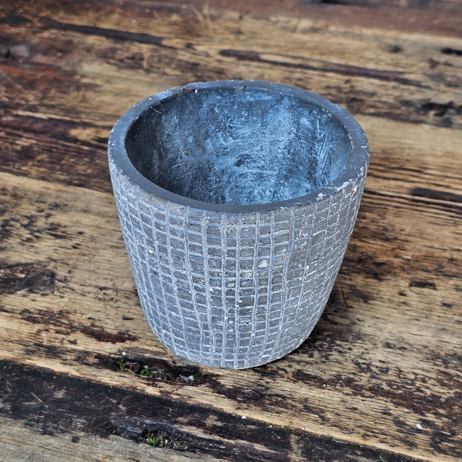 Small Concrete Planter Pot - Waffle Grid Texture, Industrial Brutalist Style
