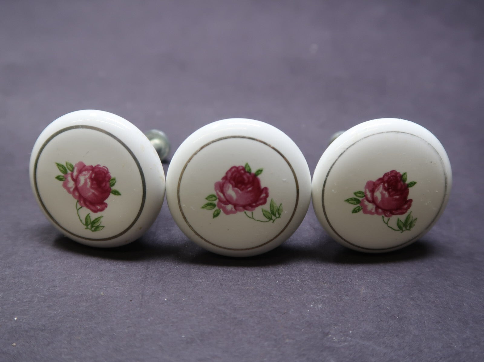 Set of 3 Vintage Round White Porcelain Cabinet Drawer Pulls Rose Japan Made (A)