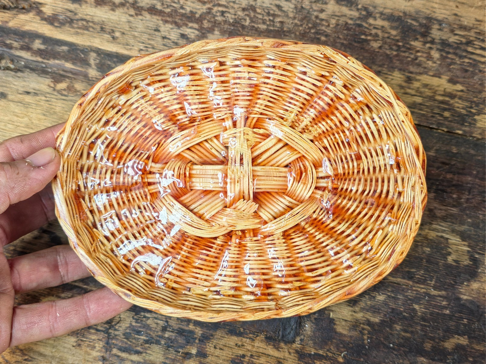 Vintage Resin Coated Wicker Basket with Pinecones and Red Berries Lid