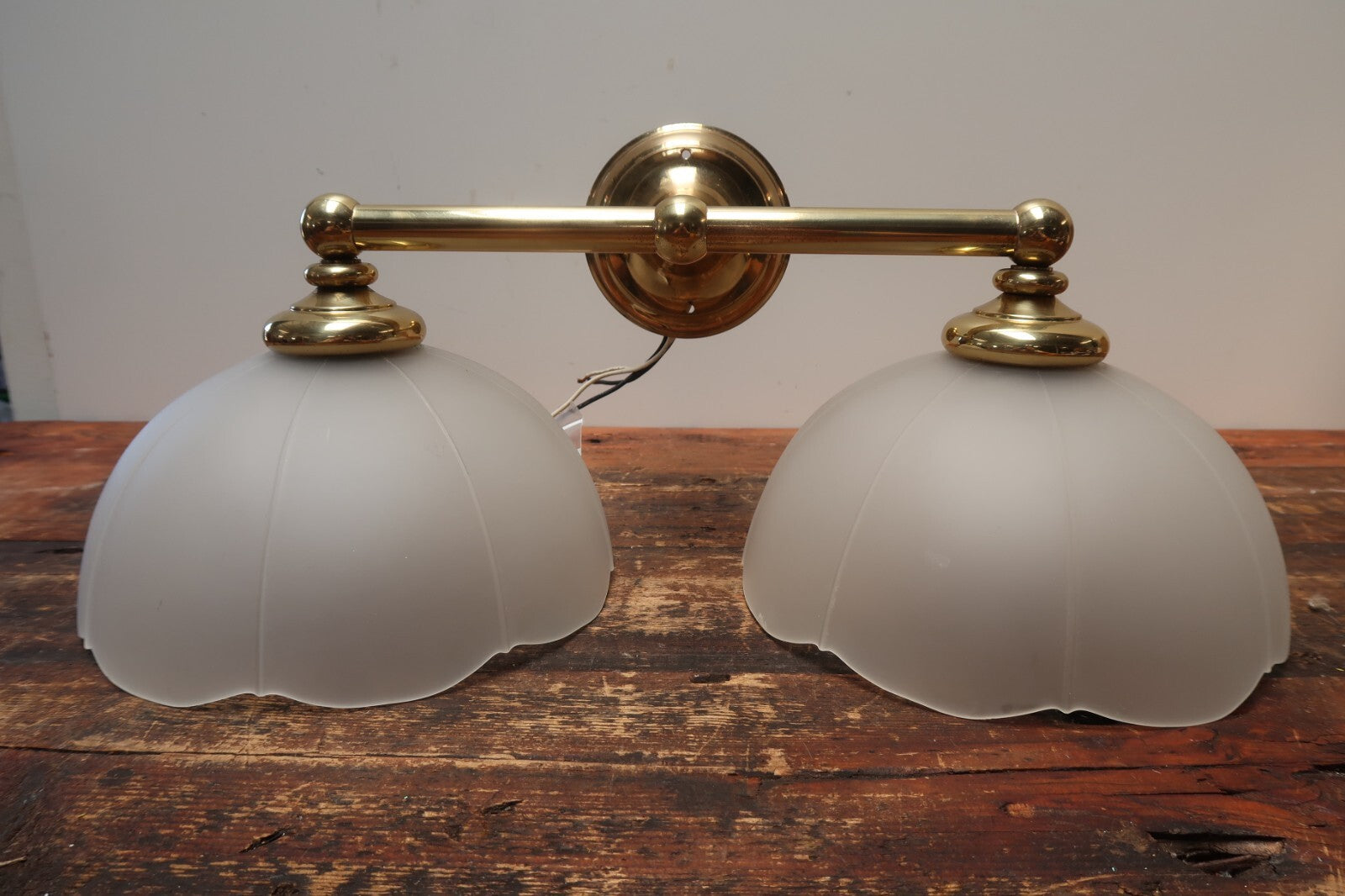2 Light Brass Light Fixture With Frosted White Glass Lamp Shades Made In Spain