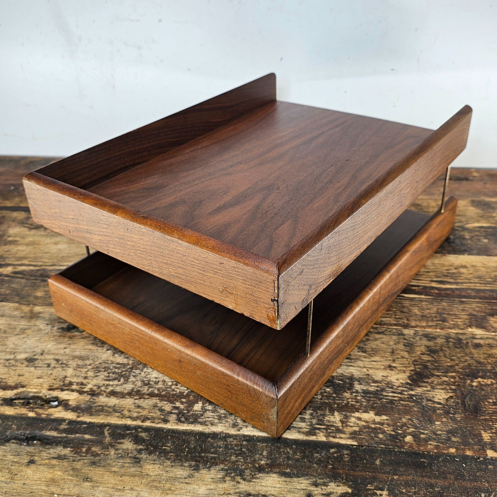 Carver Wood Products Walnut 2-Tier Desk Tray Set Mid-Century Modern