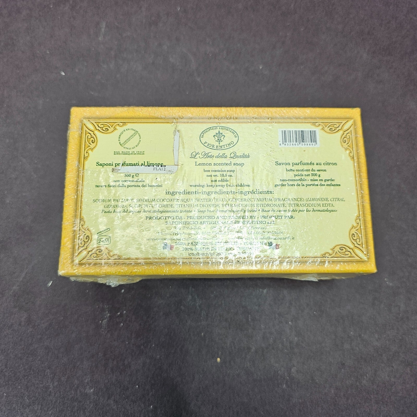 Saponificio Artigianale Fiorentino Boxed Italian Lemon Scented Soap 10.5 oz.
