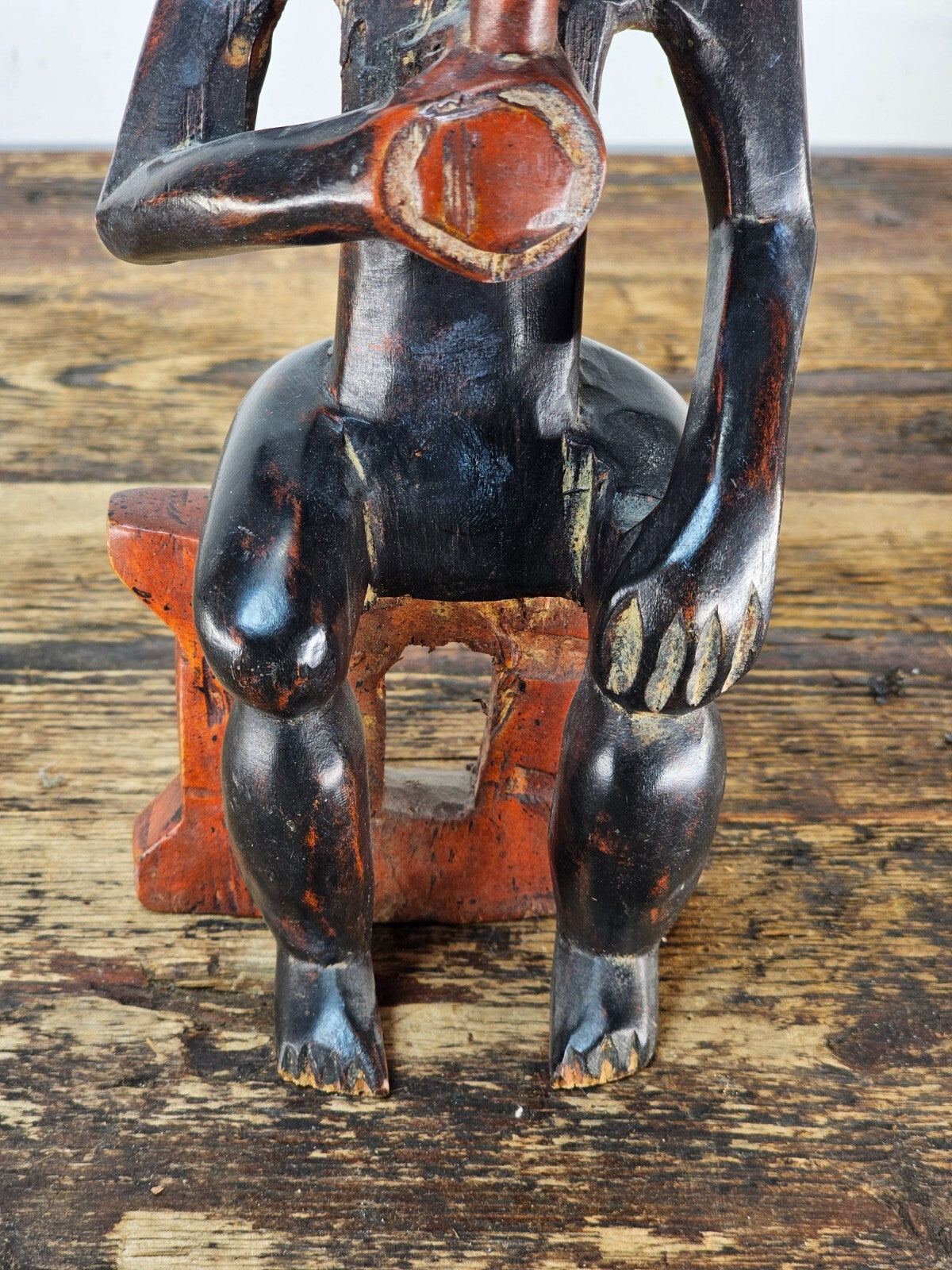Ghana Ashanti Traditional Wooden Smoking Man Sculpture 13"H x 4.5"W x 3"D