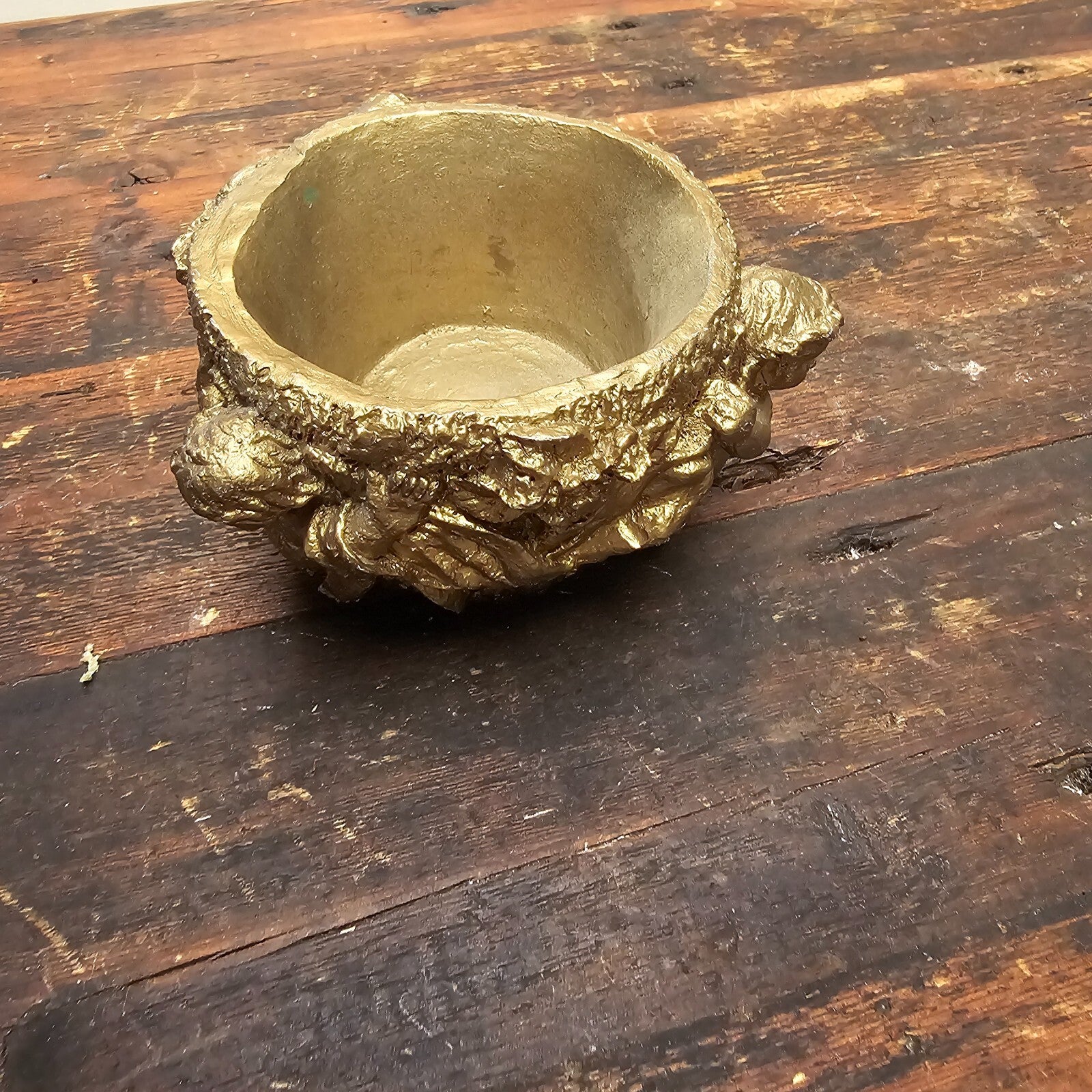 Vintage Gold Cherubs Candle Holder Planter Trinket 7" Dia x 4.5" H