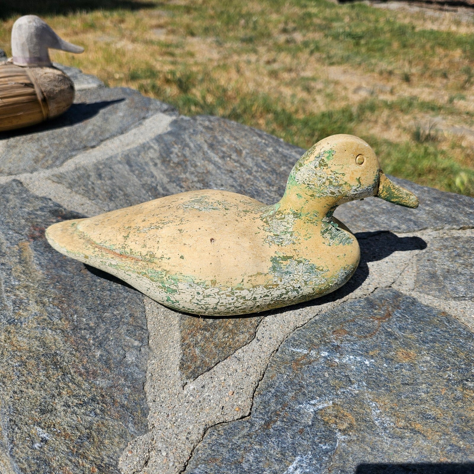 Set of 2 Wood, Corn Husk Duck 11" And Ceramic Duck 11" Garden Decor