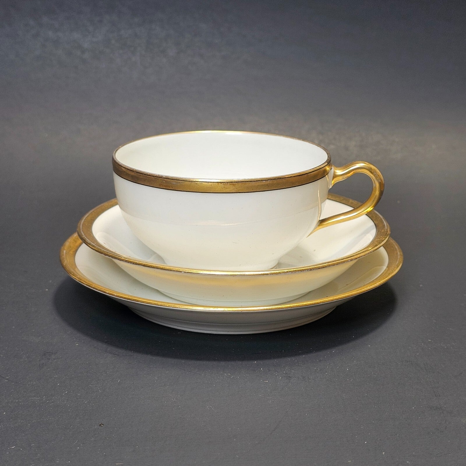 Theodore Haviland Limoges France Teacup Saucer & Fruit Bowl Set White Gold Trim