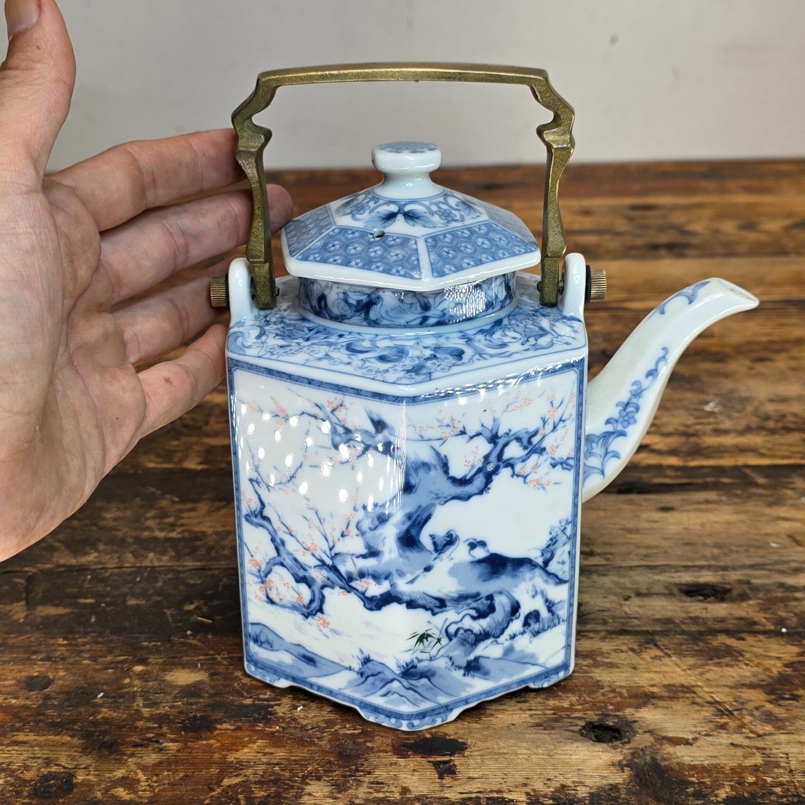 Vintage Dolphin China Hexagonal Teapot - Japanese Porcelain, Arita Style