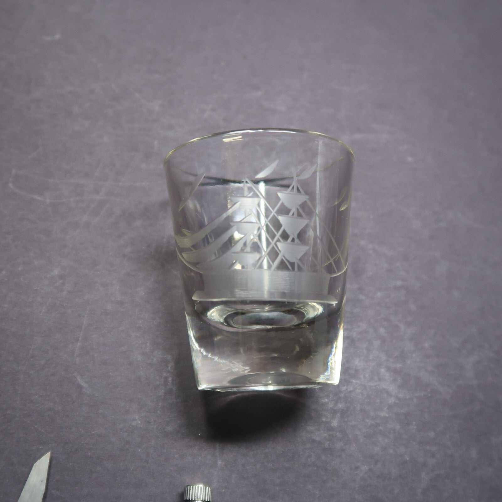 Etched ship Shot glass H 2.4"