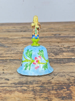 Vintage Hand Painted Enamel Metal Bell with Figure Handle, Marked CHINA