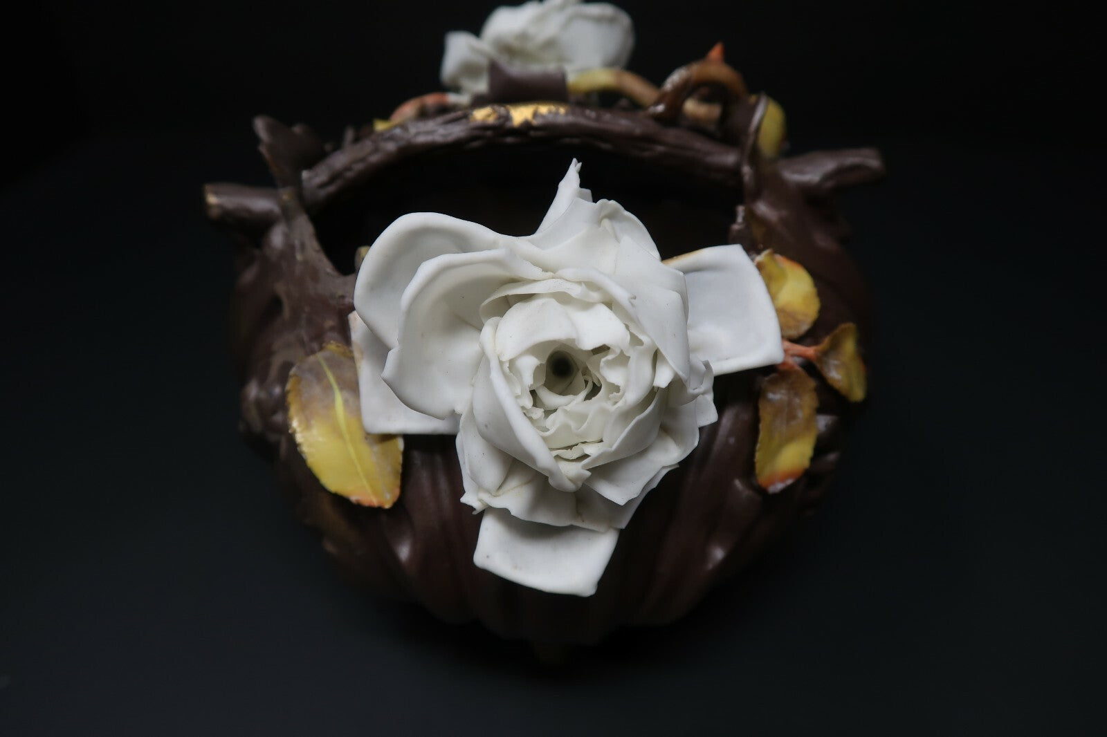Vintage Art Pottery Basket White Roses approx H 5" x W 6"