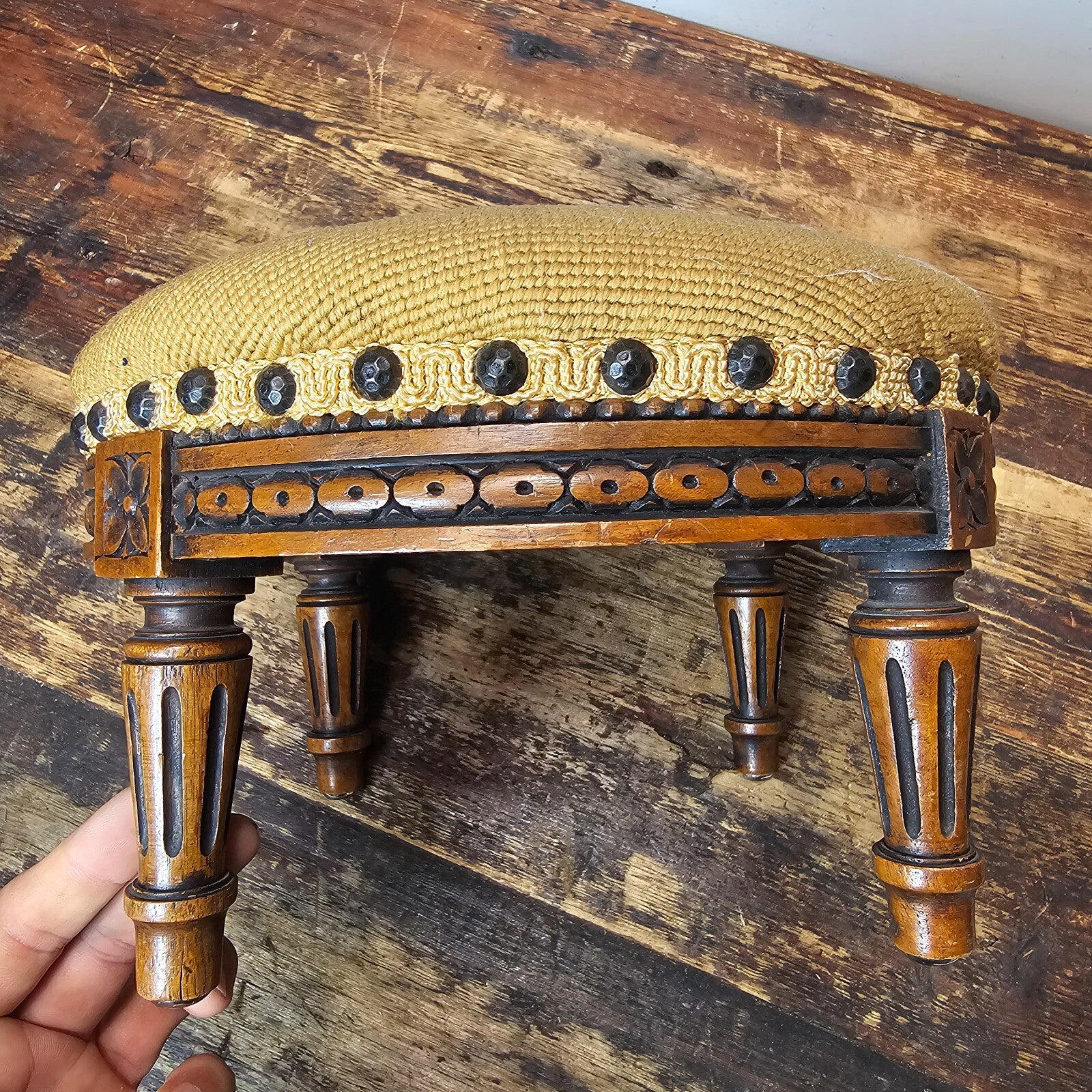 Antique French Petit Point Embroidered Footstool 11.5"Diam × 7.5"H