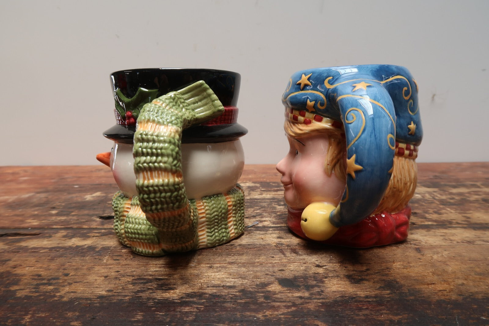 Set of 2 Tis The Season Holiday Ceramic Mug Snowman & Elf 20 oz.