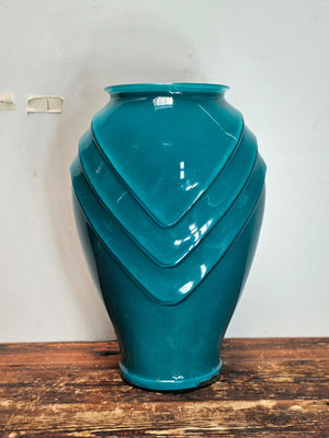 Large Art Deco Jade Color Scalloped Glass Flower Vase 11" x 8" x 16"H