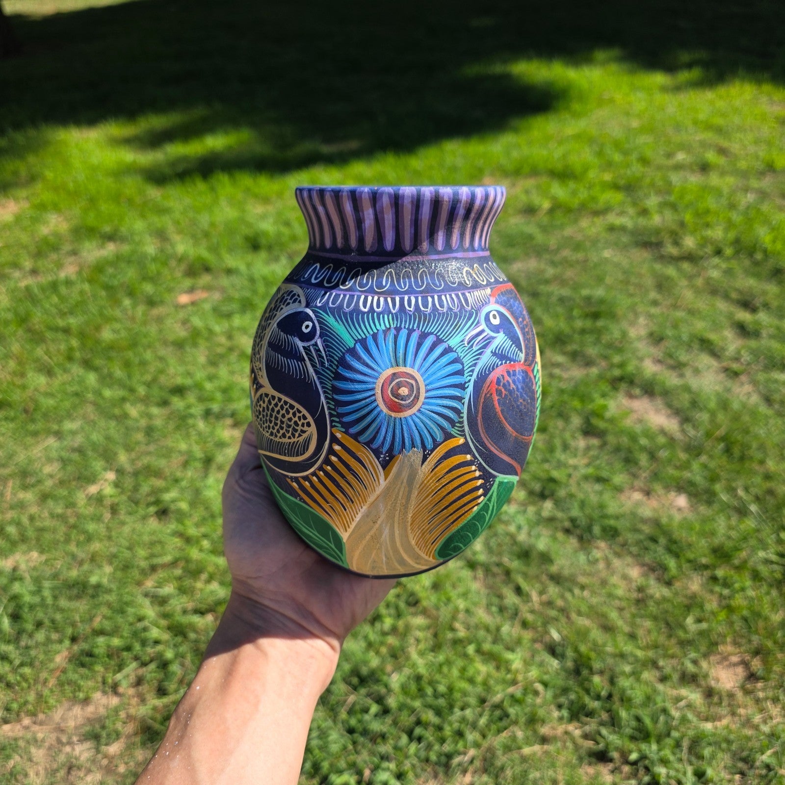 Hand-Painted Jalisco Mexico Pottery Wall Pocket Planter Folk Art Birds & Flowers