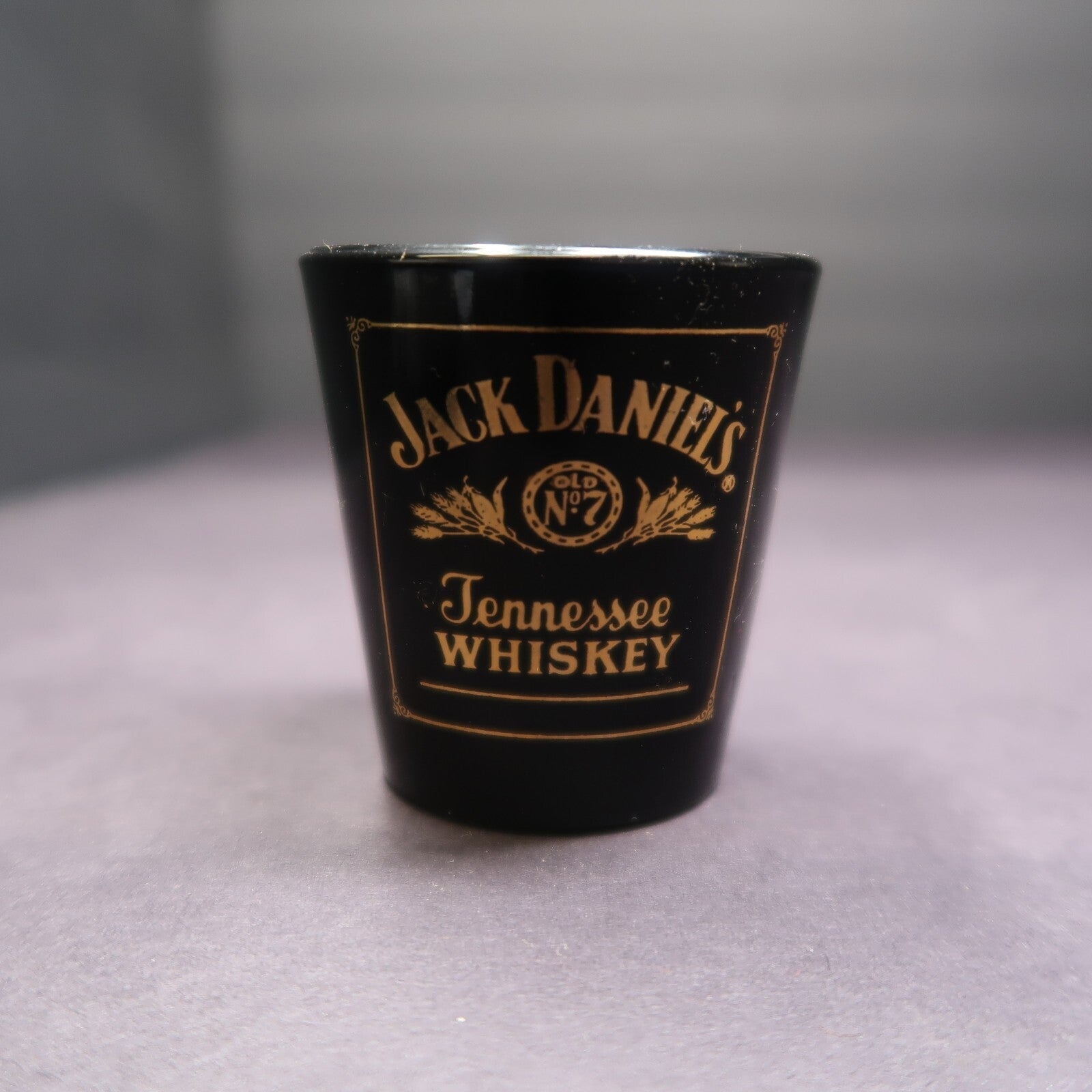 Jack Daniels Black Shot Glass Old No. 7 Gold Lettering H 2.3"