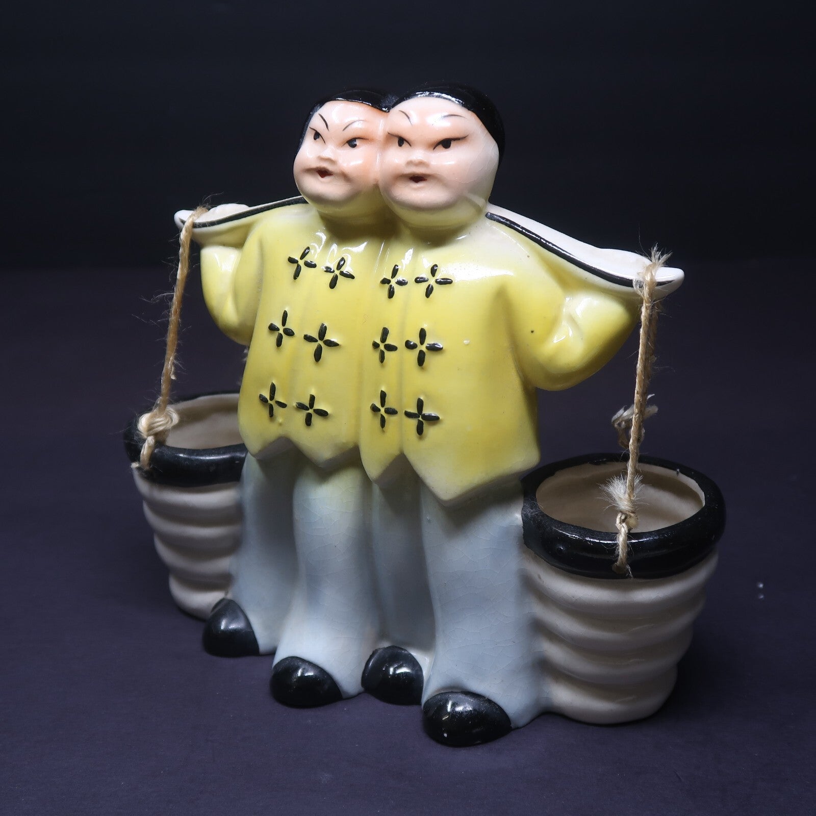Vintage Chinese Ceramic Figurine Carrying Water Yoke With Buckets