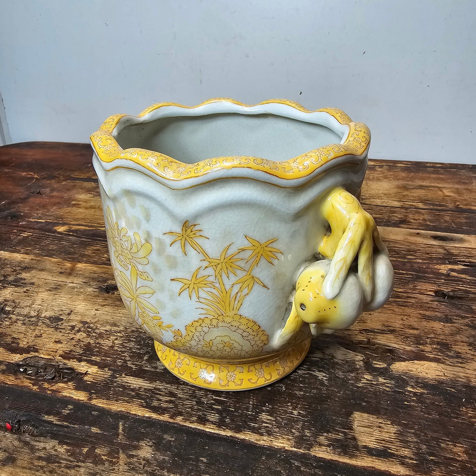 Yellow Decorated Porcelain Vase with Fruit Handles in Qianlong Style 6"H