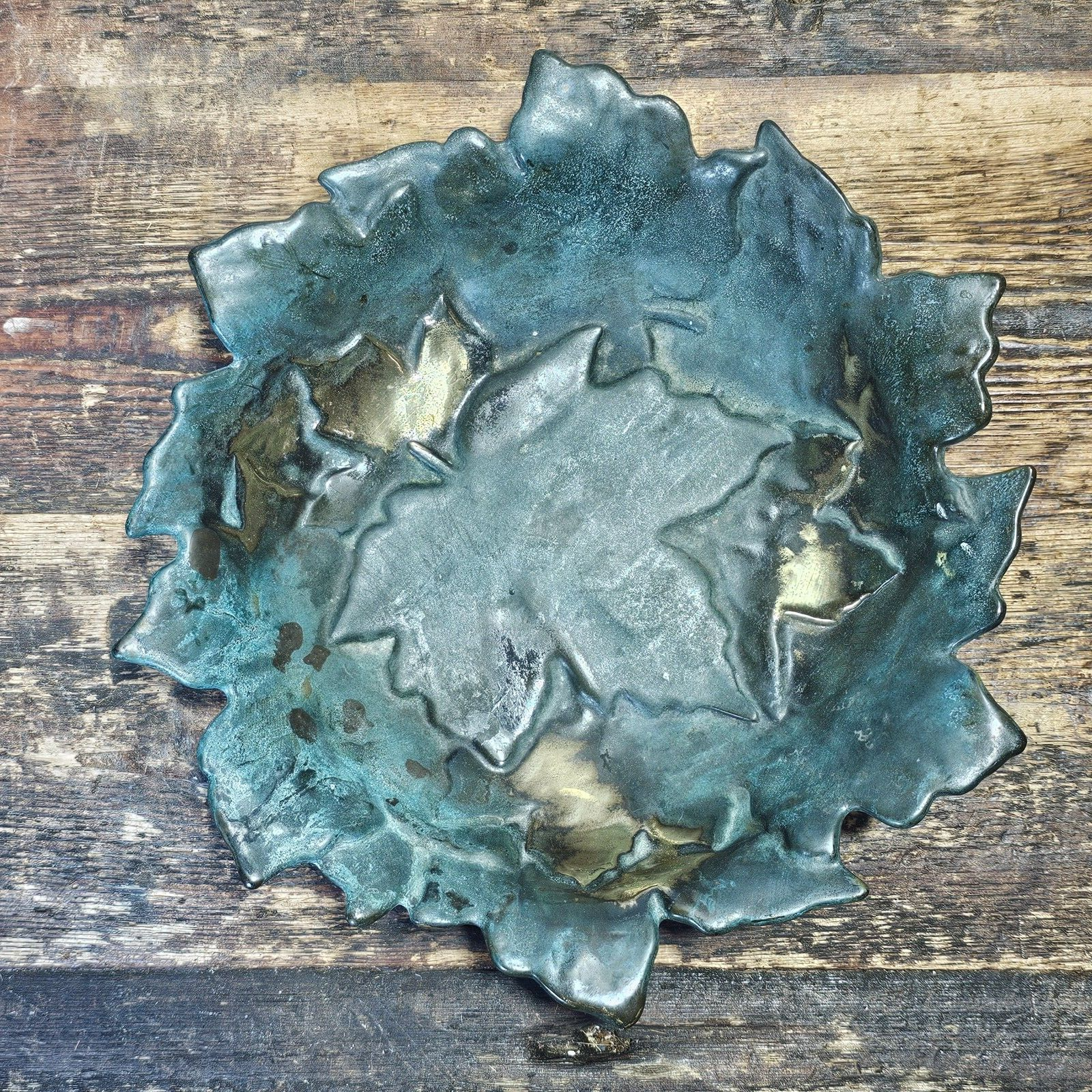 Vintage Italian Solid Brass Maple Leaf Design Decorative Bowl Plate Patina