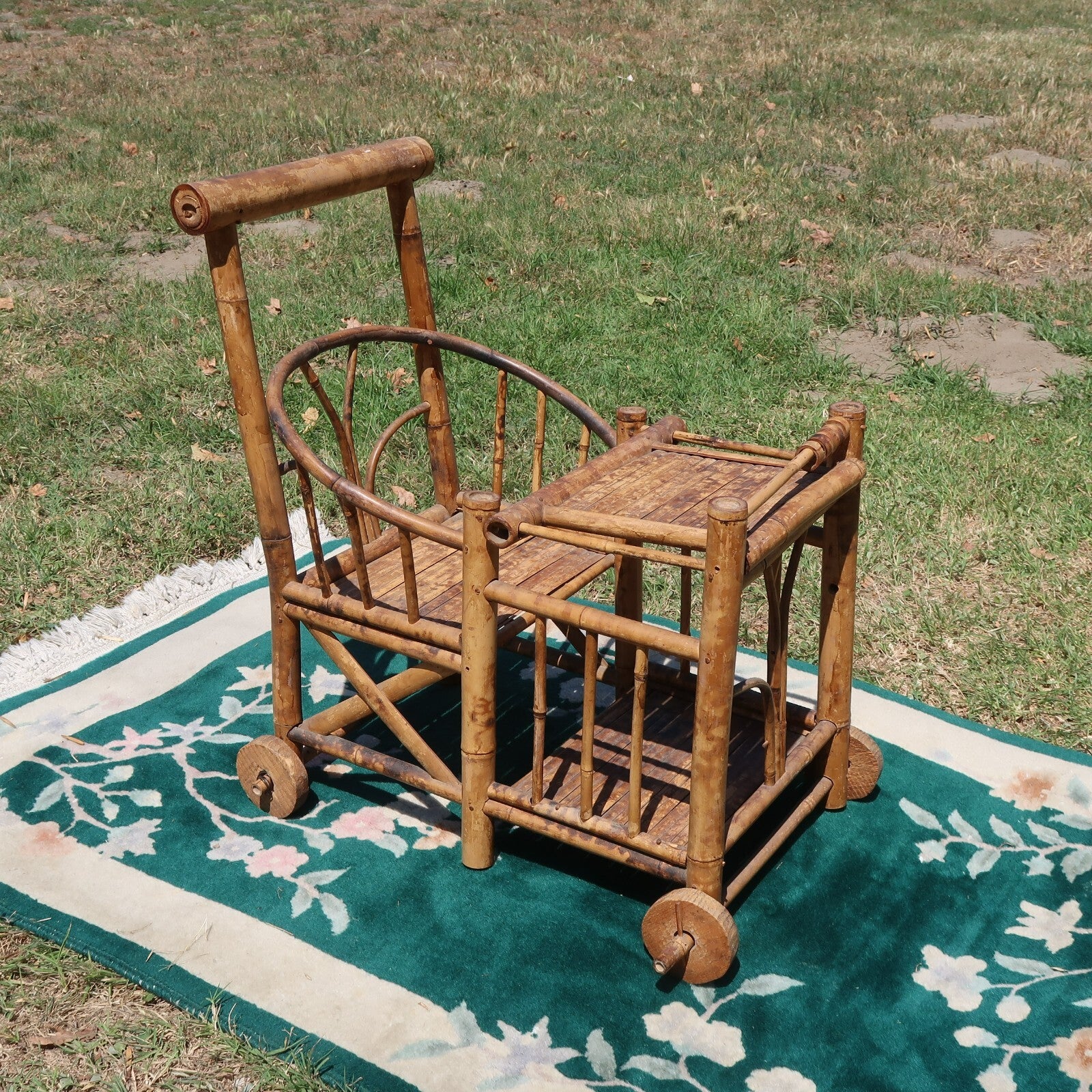1970s Spanish Bamboo Wheeled Children's Trolley / Garden Plant Stand Holder
