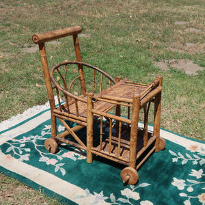 1970s Spanish Bamboo Wheeled Children's Trolley / Garden Plant Stand Holder