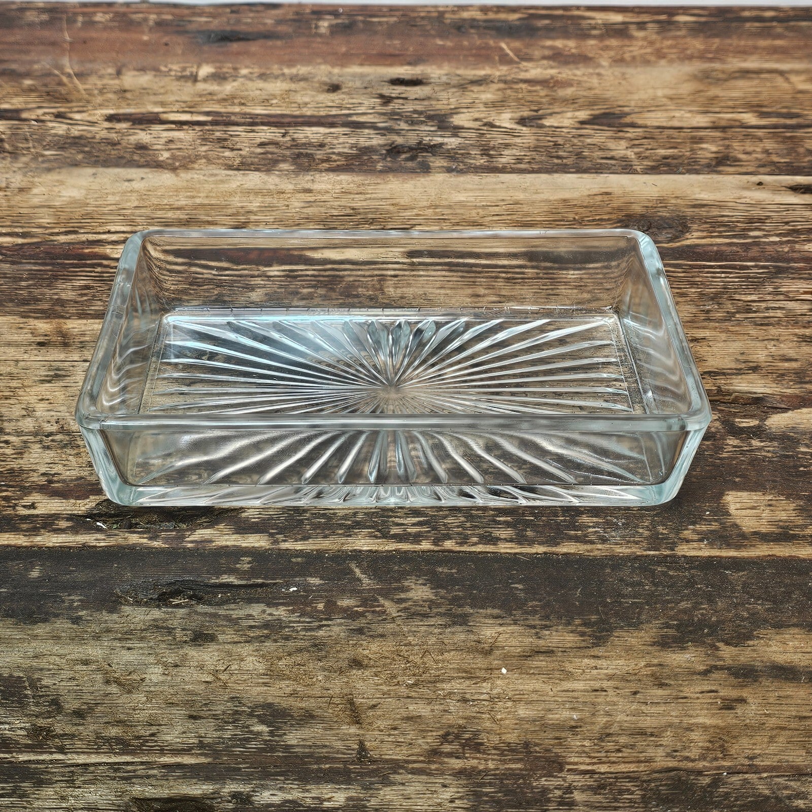 Vintage Rectangular Cut Glass Starburst Bottom Dish Trinket
