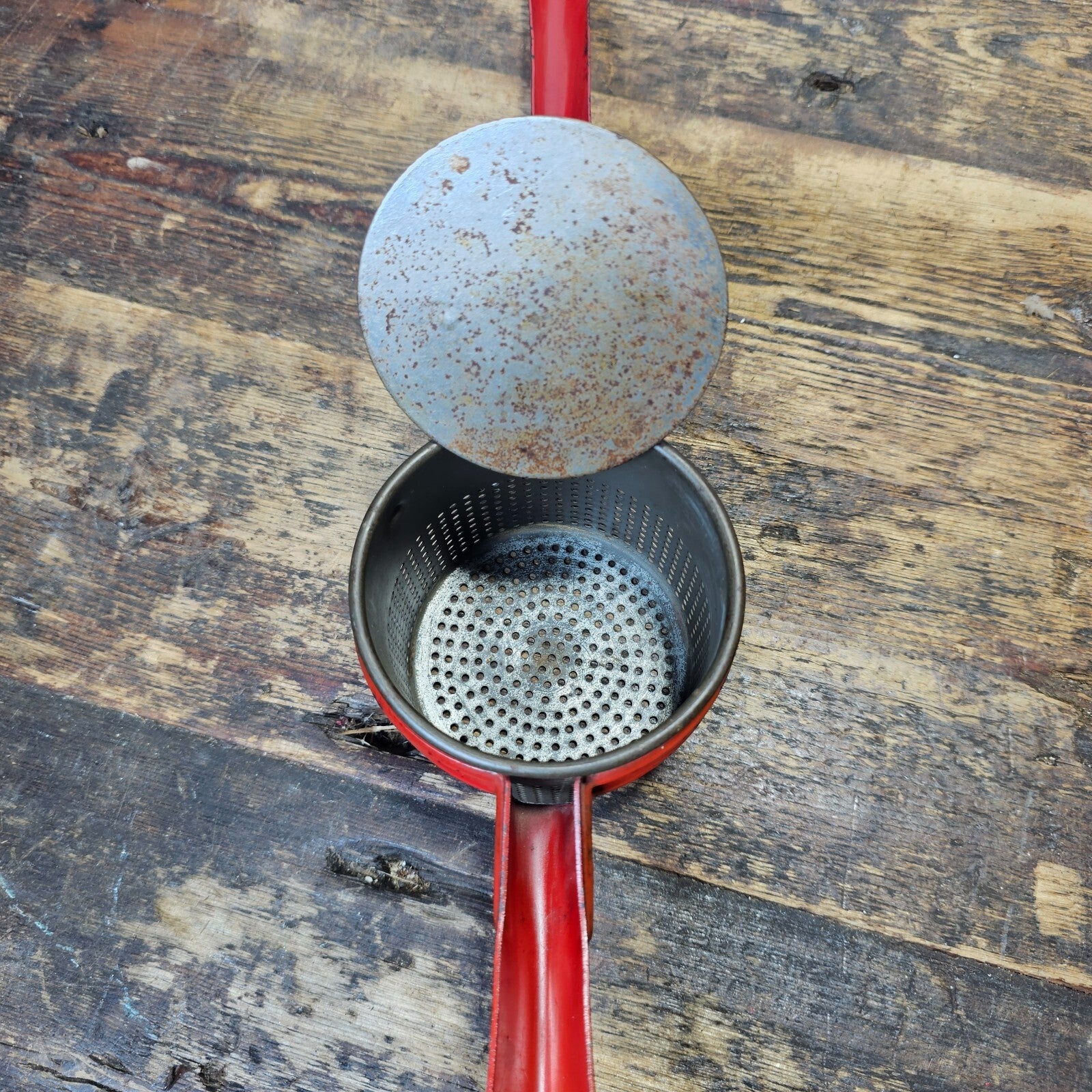 Vintage Red Metal Handle Potato Masher