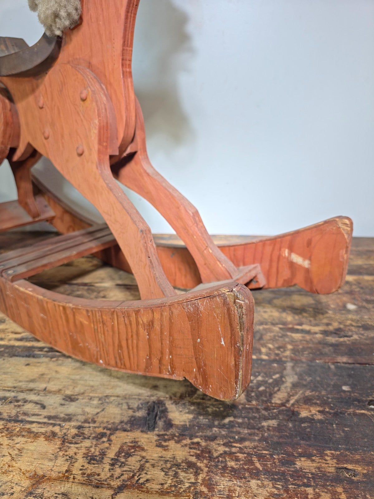 Large Wooden Rocking Horse with Wool Mane – Rustic Farmhouse Decor