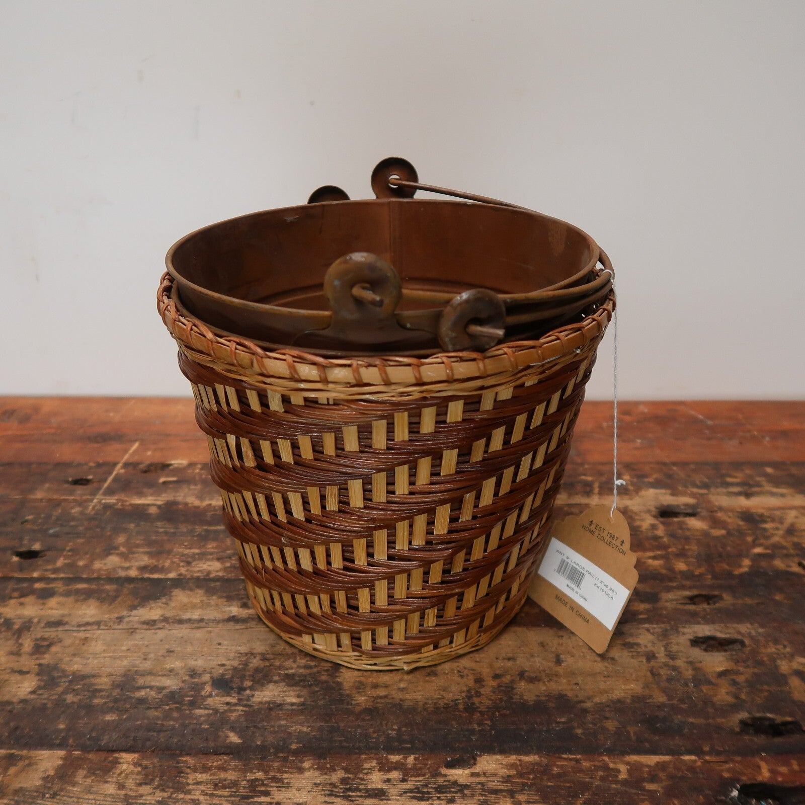 2 Rustic Metal Pails + 1 Wicker Basket 9" x 9" x H 7.5" Plant Pots Trash Cans