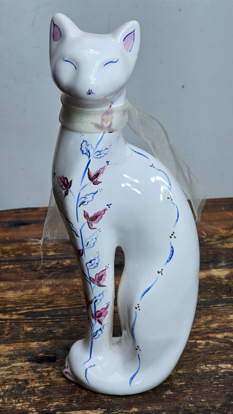 Vintage Porcelain Cat Figurine Hand-Painted Floral Signed 12" H (Has Damages)