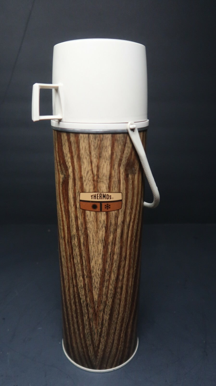 1970's Vintage Wood Grain Insulated Bottle Tall Wide Mouth 13.5" Tall USA