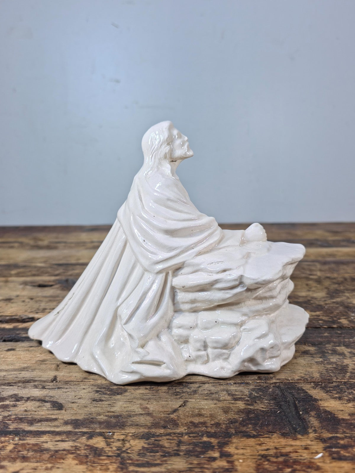 Vintage Byron Molds Jesus at the Rock White Glazed Ceramic Statue 7"