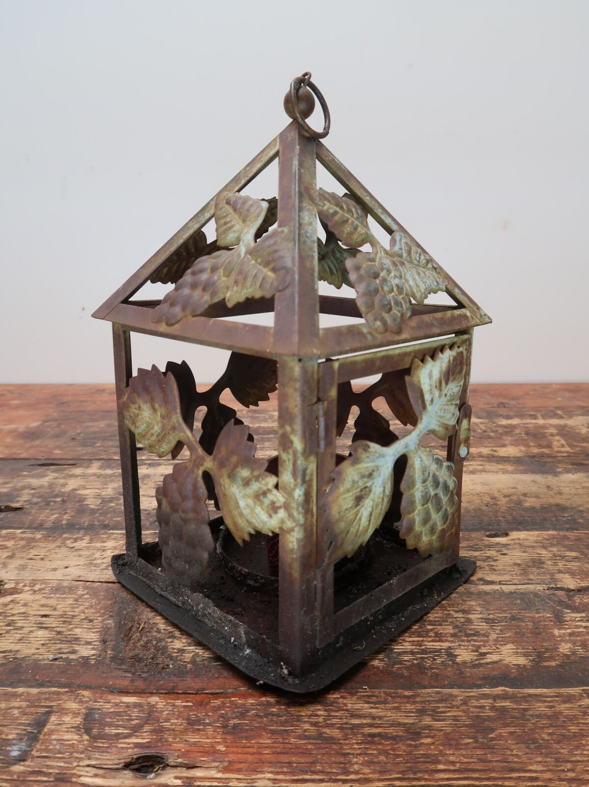 Metal Grape Motif Candle Lantern Weathered Rustic Lantern Patina 6" x 6" x H 10"