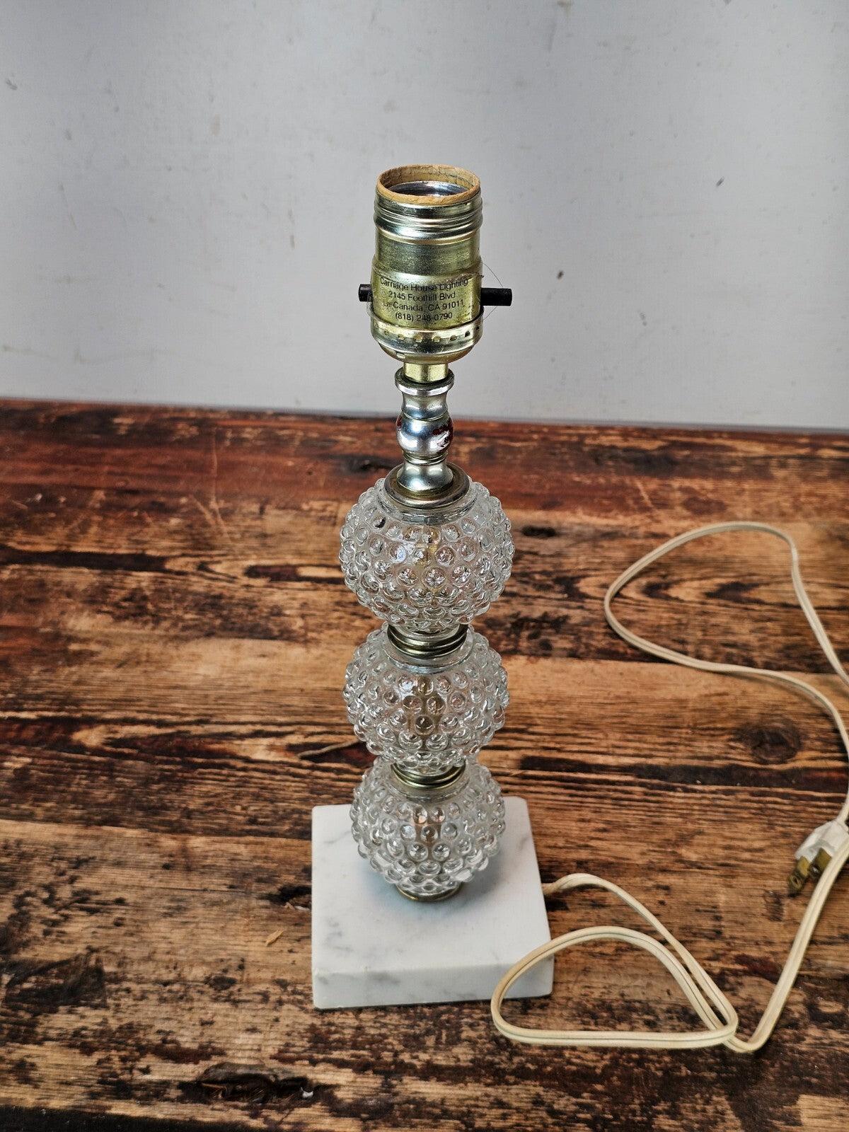 Vintage Hobnail Glass Table Lamp with Marble Base 12.5"H
