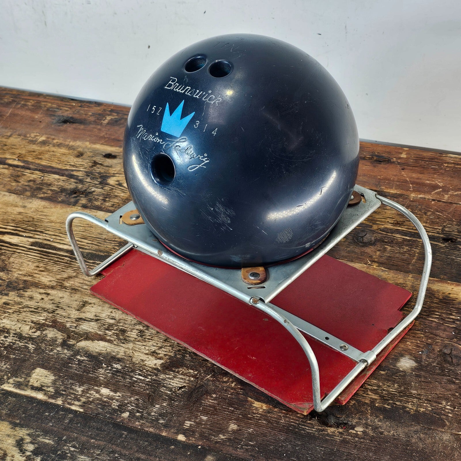 Vintage Brunswick Marion Ladewig  Bowling Ball 12.75 lb. With Base