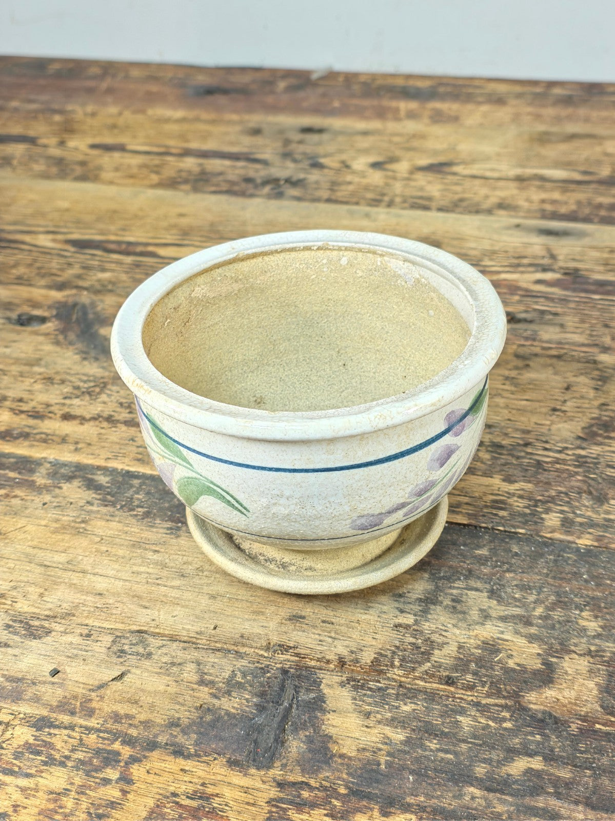 Vintage Hand-Painted Ceramic Planter with Saucer – Floral Design, 1990s