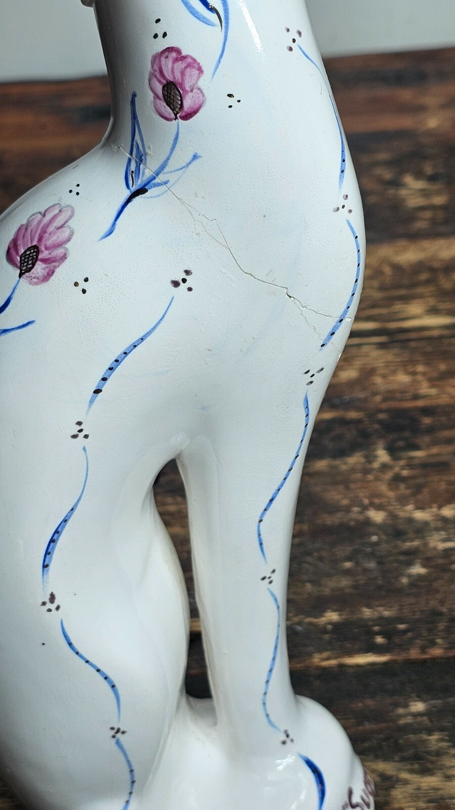 Vintage Porcelain Cat Figurine Hand-Painted Floral Signed 12" H (Has Damages)