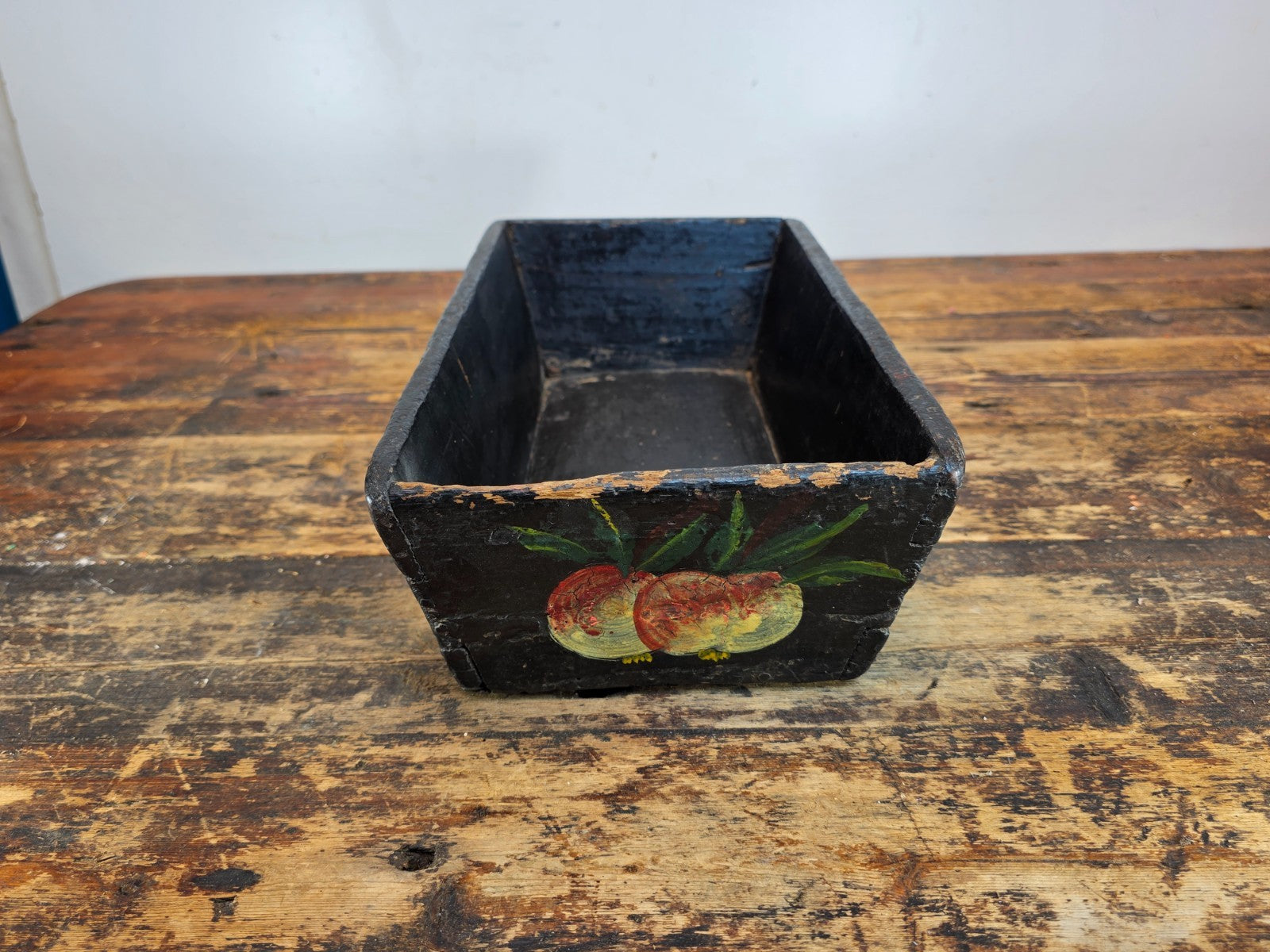 Antique Hand-Painted Wooden Box with Floral and Fruit Motif
